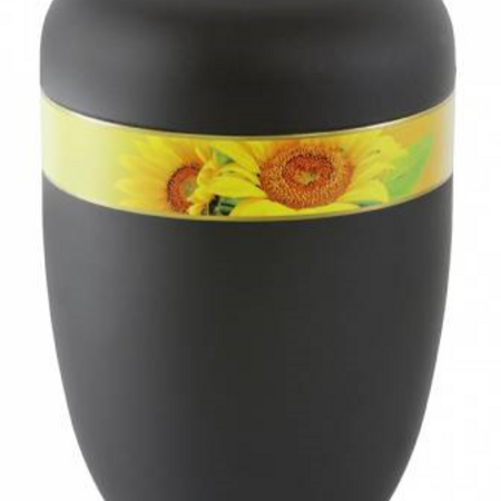 Stahl Urne - schwarz matt mit Sonnenblumen