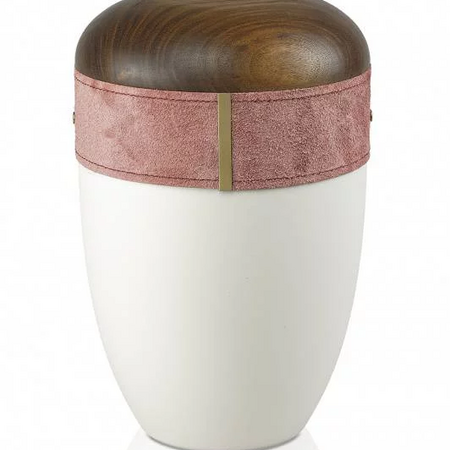 Öko Urne - weiss - Lederband rosa - Deckel Nussbaum