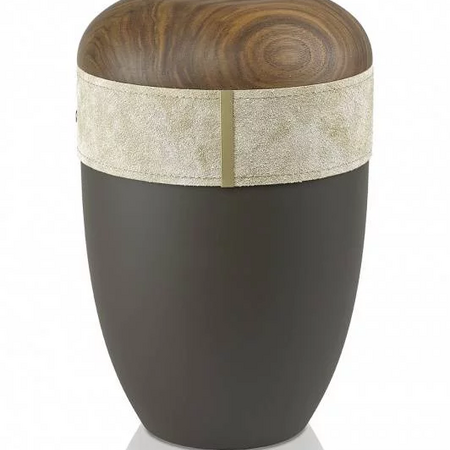Öko Urne - schwarz matt- Lederband beige - Deckel Nussbaum