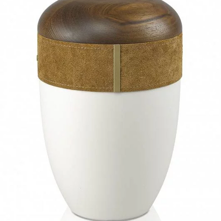 Öko Urne - weiss - Lederband braun - Deckel Nussbaum