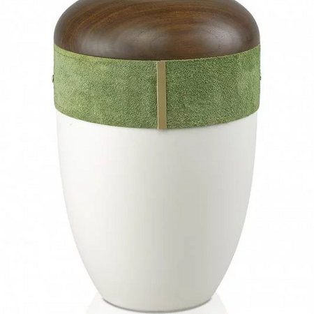 Öko Urne - weiss - Lederband grün - Deckel Nussbaum