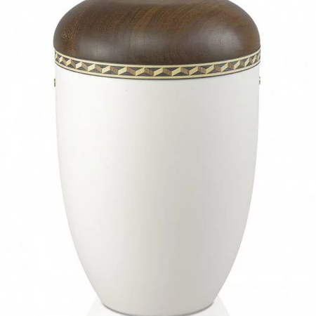 Öko Urne - weiss - Intarsienband - Deckel Nussbaum